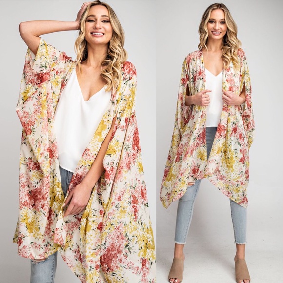 Sweaters - Floral Print Open Front Boho Kimono